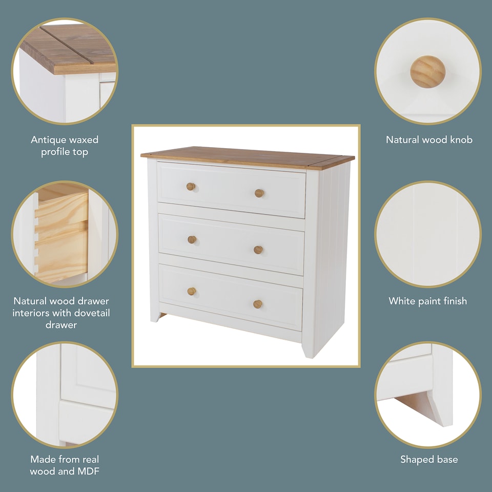 image 1 of Capri 3 Drawer White Chest of Drawers - White Painted Pine Bedroom Storage with Shaker Style Legs | White | White | 1