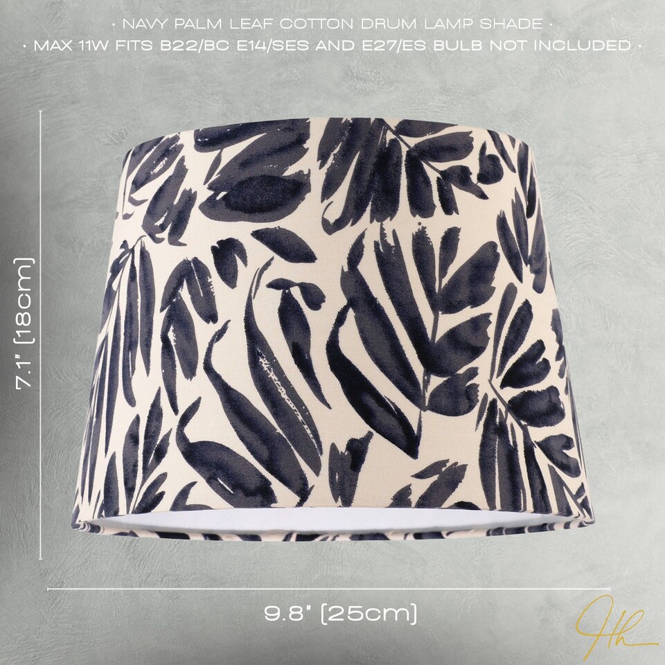 image 1 of Midnight Blue Palm Leaf Themed 25cm Drum Lampshade with Fabric Lining | Blue | Midnight Blue | 1