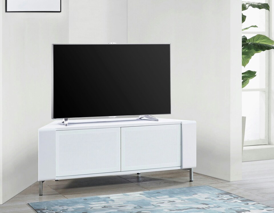 image 1 of MDA Designs CORVUS Corner-Friendly Gloss White Contemporary Cabinet with White Profiles White BeamThru Glass Doors Suitable for Flat Screen TVs up to 50" | White | 1