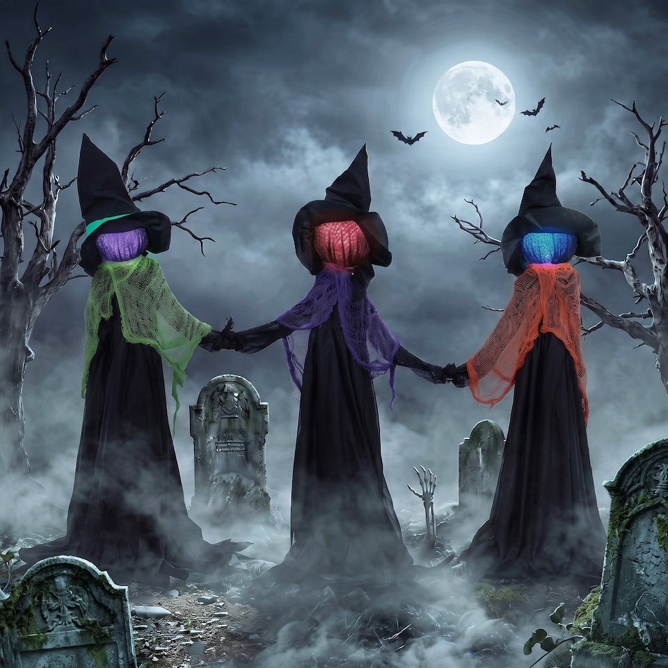 image 1 of HOMCOM 48" Witches Holding Hands Halloween Decoration Light Up Animated Prop