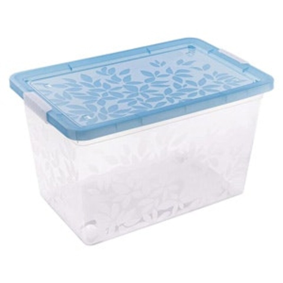 image 1 of Set of 9 55 Litres Elegant Jasmine Leaves Strong Stackable Plastic Storage Boxes Complete With Clip Locked Lids Clear