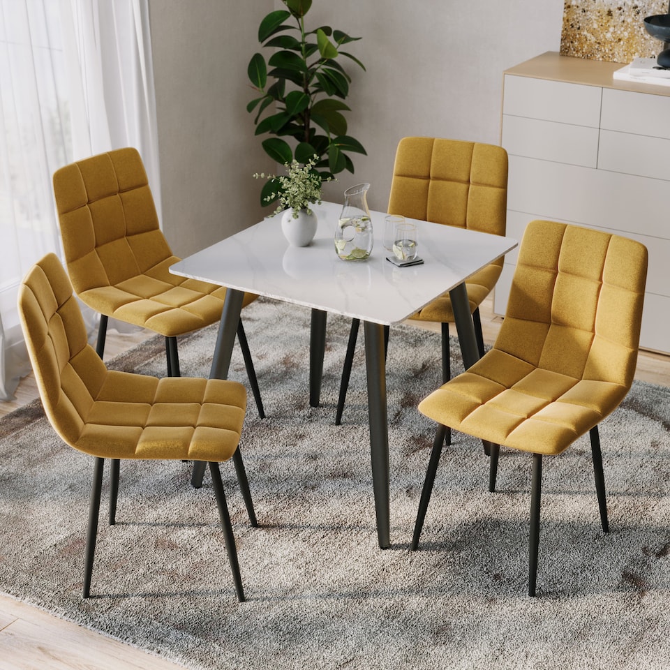 image 1 of 5-Piece Dining Set - 80cm Square Sintered Stone Table and 4 Velvet Chairs with Metal Legs | White | Gloss White & Yellow | 1