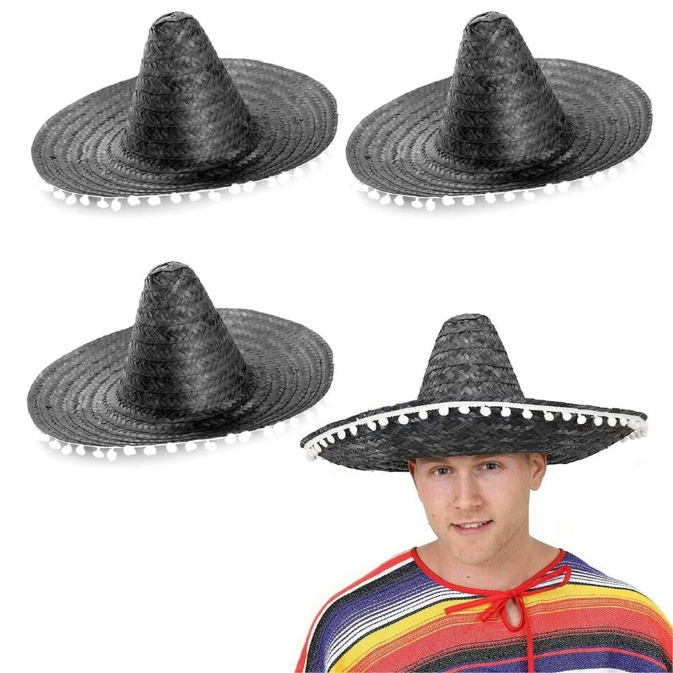 image 1 of Adult Black Pom-Pom Sombrero – Fancy Dress Mexican Hat | Black | 3