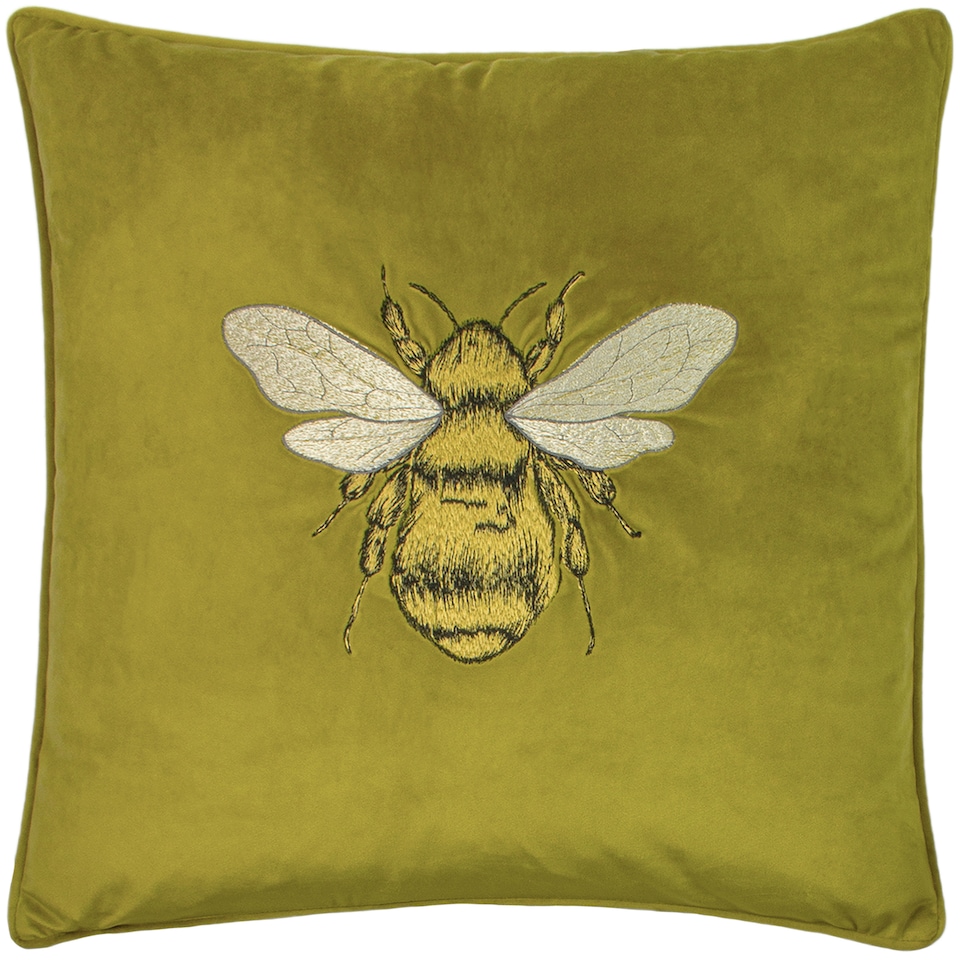 image 1 of Paoletti Hortus Embroidered Bee Cushion, Olive, 50 x 50cm