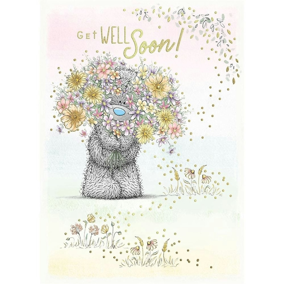 image 1 of Bear Peaking Through Bouquet Get Well Soon Card