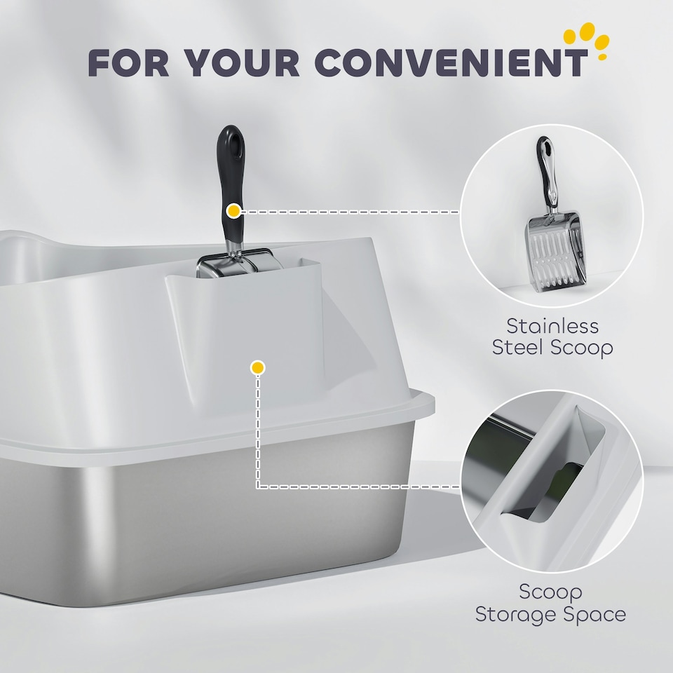image 1 of PawHut XL Stainless Steel Cat Litter Box with High Sides, 60 x 40 x 30 cm Grey