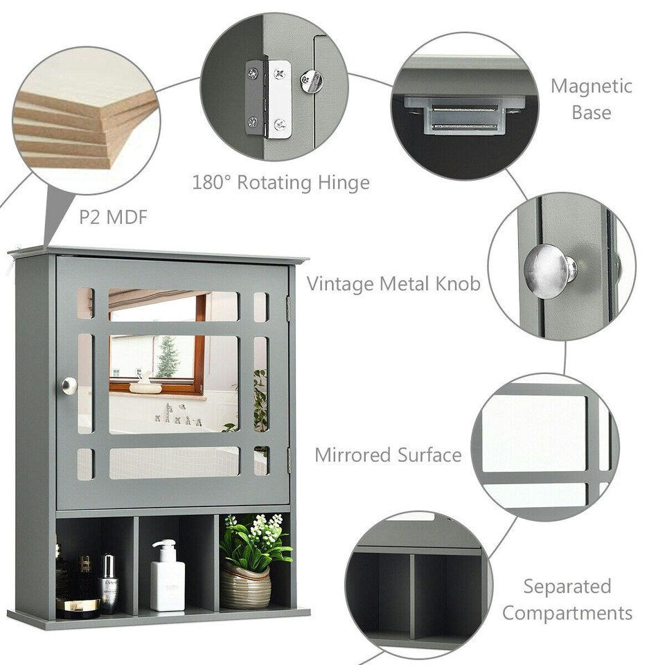 image 1 of COSTWAY Bathroom Wall Storage Cabinet Medicine Organizer Grey Grey