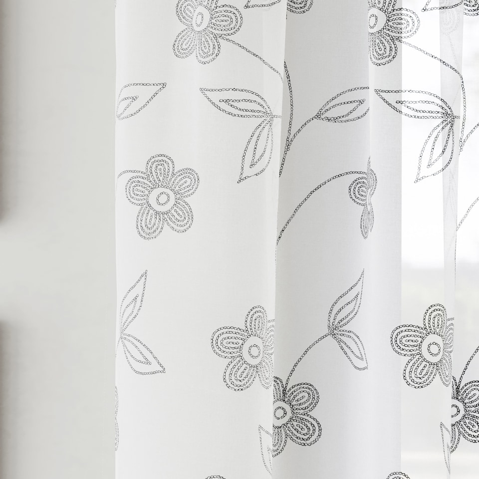 image 1 of Pair of Sienna Grey Floral Paste Print Patterned Voile Panels with Rod Pocket Header 183 CM
