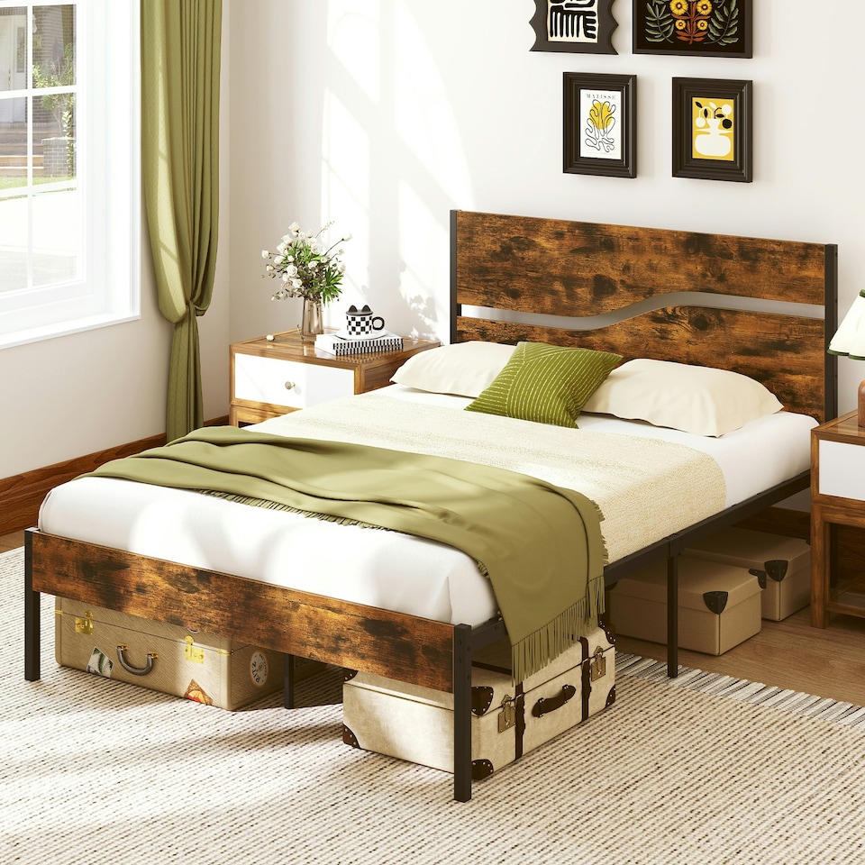 image 1 of COSTWAY Double Metal Bed Frame w/ Wooden Headboard