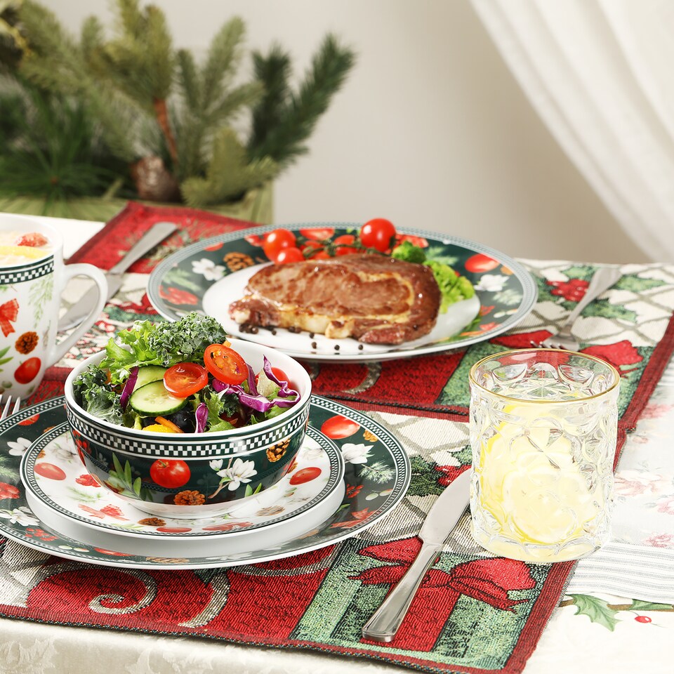 image 1 of simpa 18PC Christmas Flora Orchard Ceramic Dinner Set.