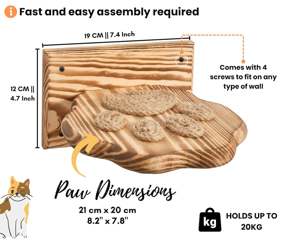 image 1 of NOVECRAFTO Paw Design Cat Wall Steps – Set of Solid Wood Wall-Mounted Shelves & Bridge Steps – Durable Cat Wall Furniture for Climbing & Play