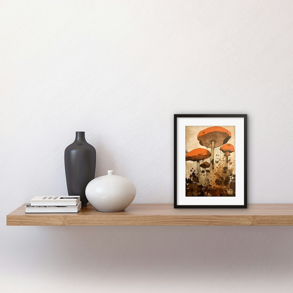 image 1 of Red Mushroom Fungi Earthy Pastel Cottage Core 9x7" Black Framed Wall Art Print