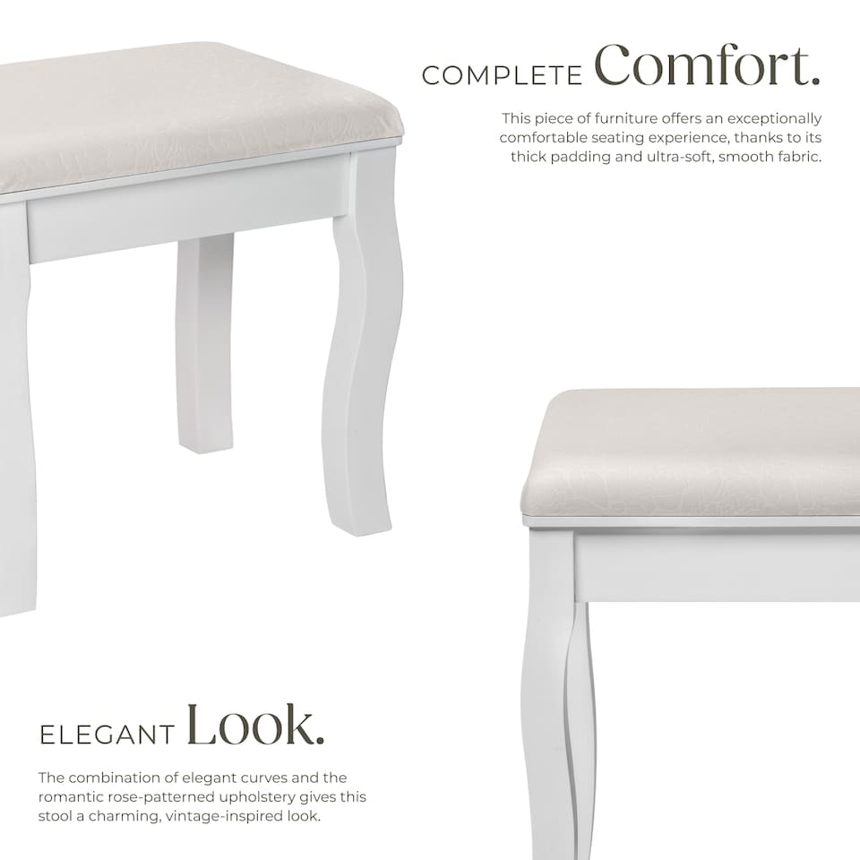 image 1 of Dressing Table Stool - padded, with solid wood legs, rose pattern