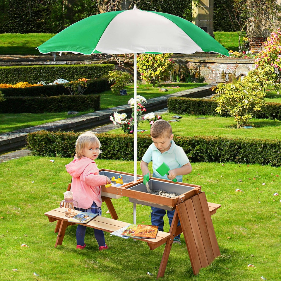 image 1 of Outsunny Wooden Kids Picnic Table, Sand and Water Table with Benches, Brown