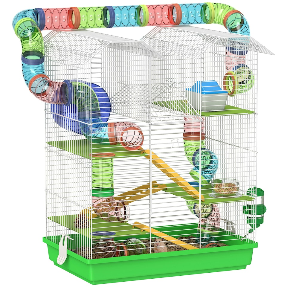 image 1 of PawHut 5 Tiers Hamster Cage Animal Travel Carrier Habitat, Green