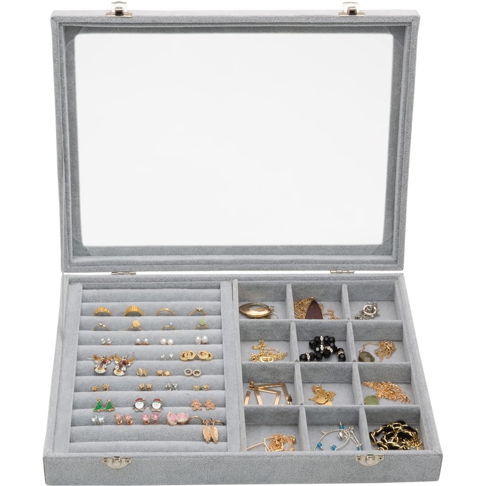 image 1 of Jewellery Box Storage Organiser 12 Grid Earrings Rings Display Case Sasha Morel