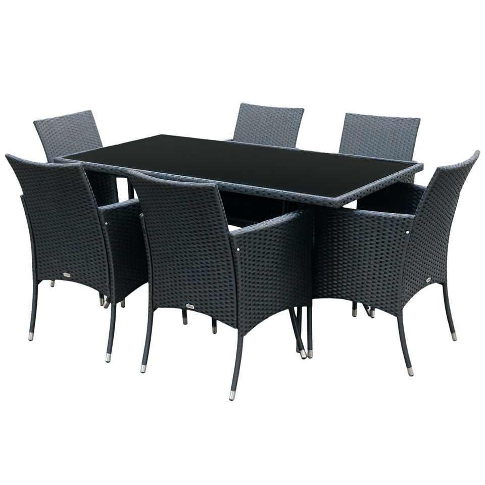image 1 of Outsunny Rattan Dining Set for 6 with Cushions, Glass Top Table, Black