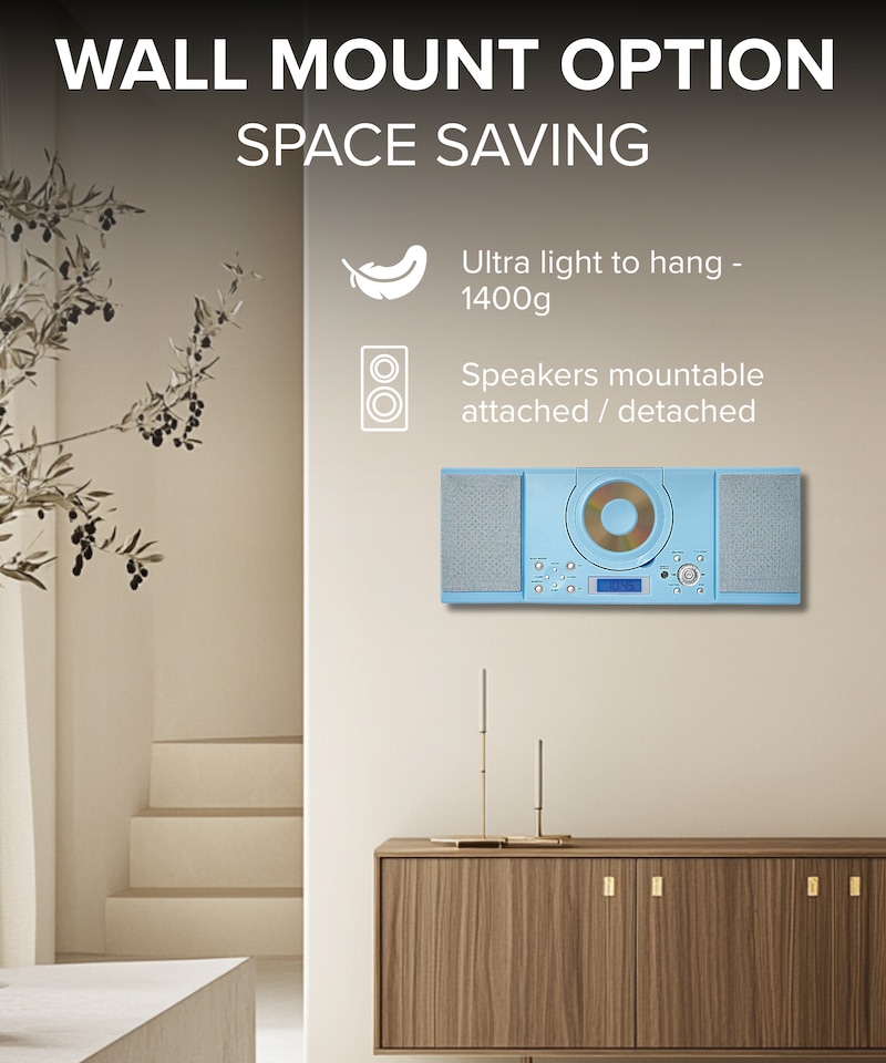 image 1 of CD Player with Speakers - HiFi System for Home with Radio, USB, MP3, Clock Alarm & Remote - Compact Stereo System with Wall Mount Design - Small CD Players for Home - GTMC-101