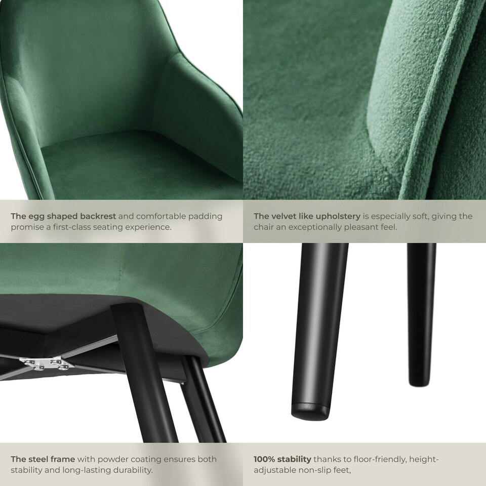 image 1 of Dining Chair Marilyn - with armrests, padded, velvet look, black steel legs - per piece Green | Dark Green/Black