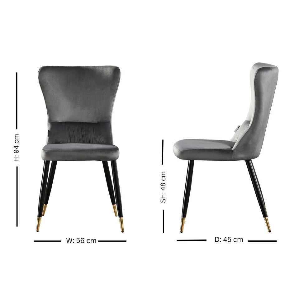 image 1 of Set of 4 New York Modern Velvet Dining Chairs with High Back, Black Metal Legs | Grey | Gold End Tips