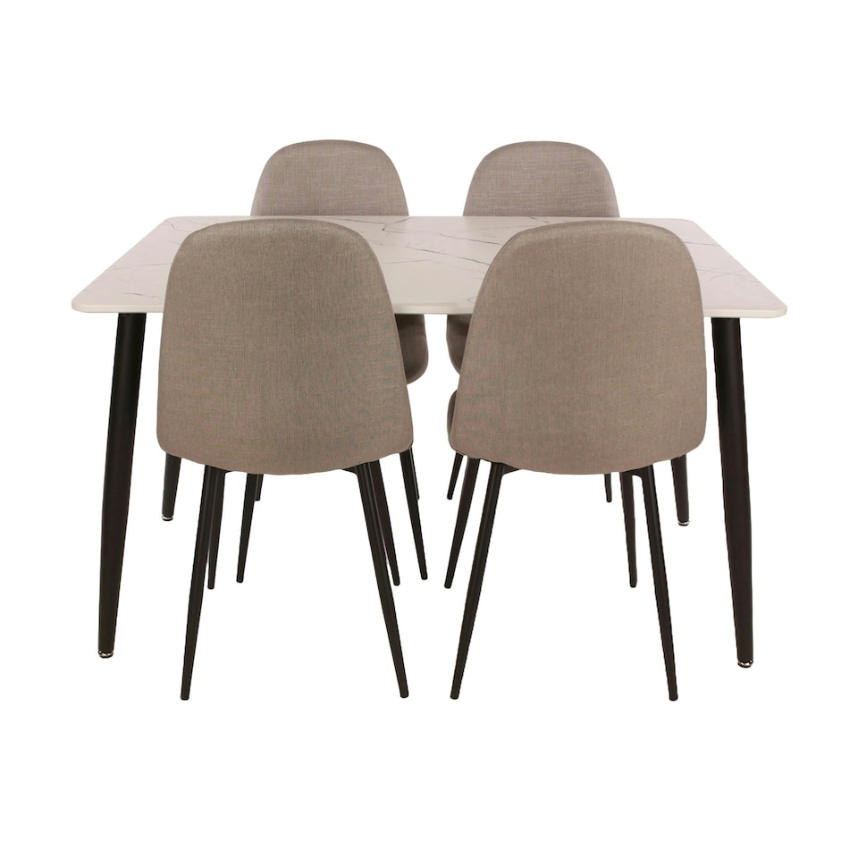 image 1 of Aspen Rectangular Dining Table with White Marble Effect Top and 4 Stone Grey Upholstered Fabric Chairs - Modern Dining Set | White | White | 1