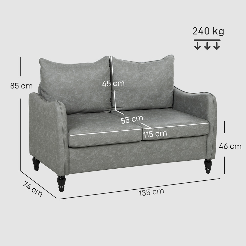 image 1 of HOMCOM 2 Seater Sofa, Modern Small Sofa with Solid Wood Legs, PU Leather Upholstered Loveseat Settee for Living Room, Bedroom, Home Office, Grey | Grey | Two Seater