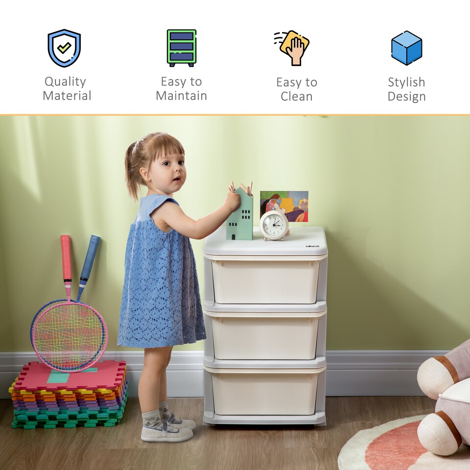 image 1 of HOMCOM Kids Storage Units with Drawers 3 Tier Chest Dresser Tower Cream