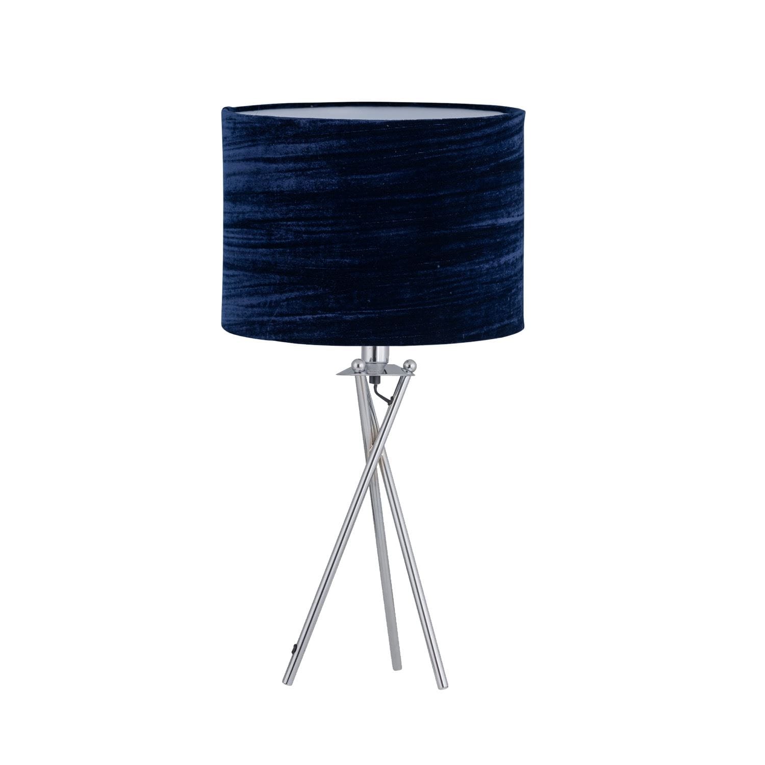 First Choice Lighting Chrome Tripod Table Lamp with Navy Blue Crushed Velvet Shade in Silver