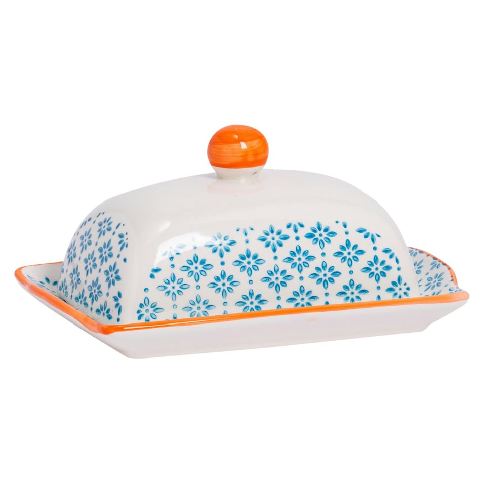 image 1 of Nicola Spring Hand-Printed Butter Dish - 18.5 x 12cm - Blue Multi