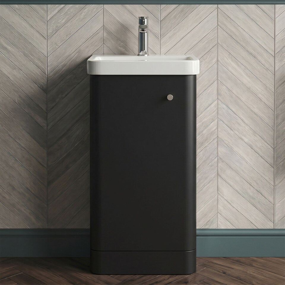 image 1 of Balterley Curve Modern Bathroom Floor Standing 1 Door Vanity Unit Basin | Grey | Dark Grey