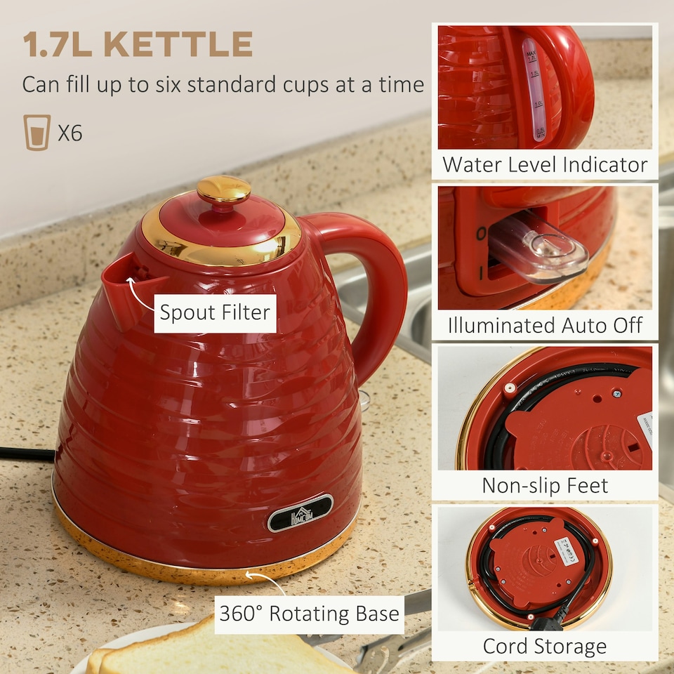 image 1 of HOMCOM Kettle and Toaster Set 1.7L Rapid Boil Kettle & 4 Slice Toaster Red