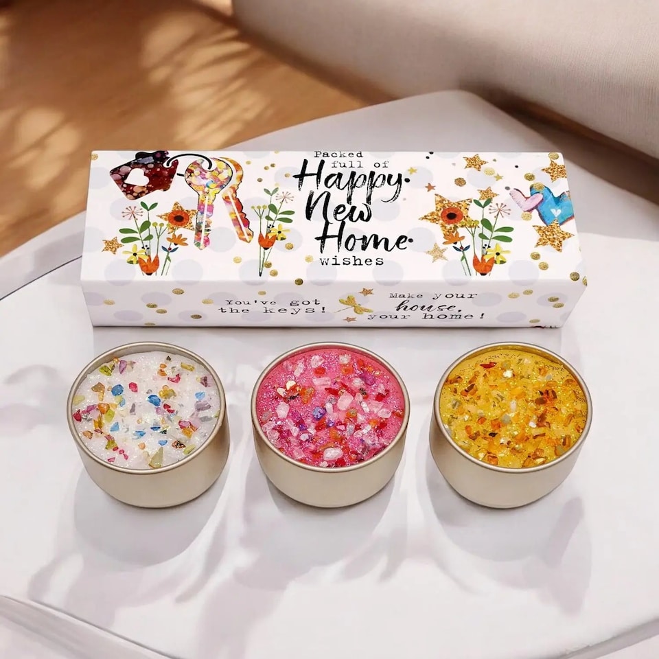 image 1 of Happy New Home Scented Candle Trio Luxury Housewarming Gift Set Including Classic Cotton Whispering Bamboo and Gold Dust 3 Pack