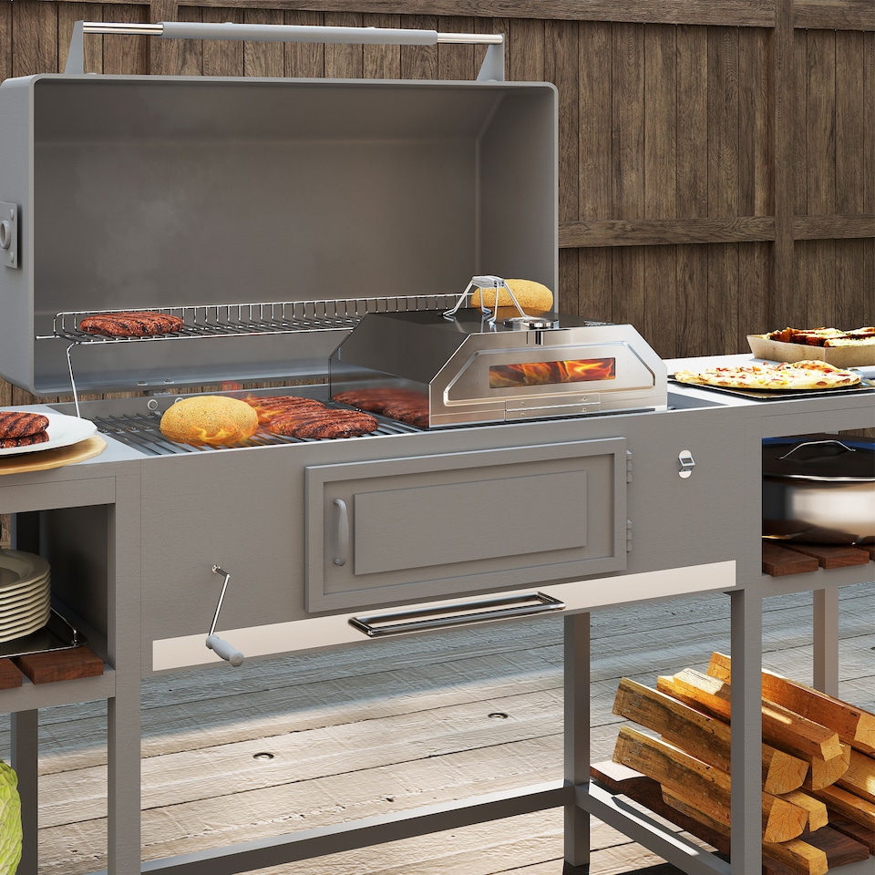 image 1 of Outsunny Outdoor BBQ Pizza Oven with Thermometer for GasCharcoal BBQ Grills