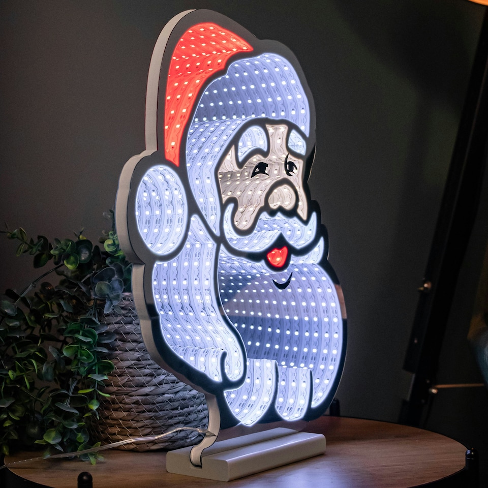 image 1 of 40cm Infinity Santa's Head Christmas Decoration on Wooden Base with Red & White LEDs