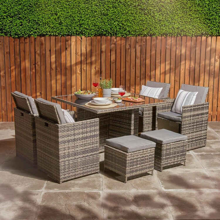 Rattan Dining Set 8 Seater Garden Cube Furniture Set Patio Outdoor Dining Furniture Set With Glass Table Chairs Stools & Rain Cover Grey With Cushions