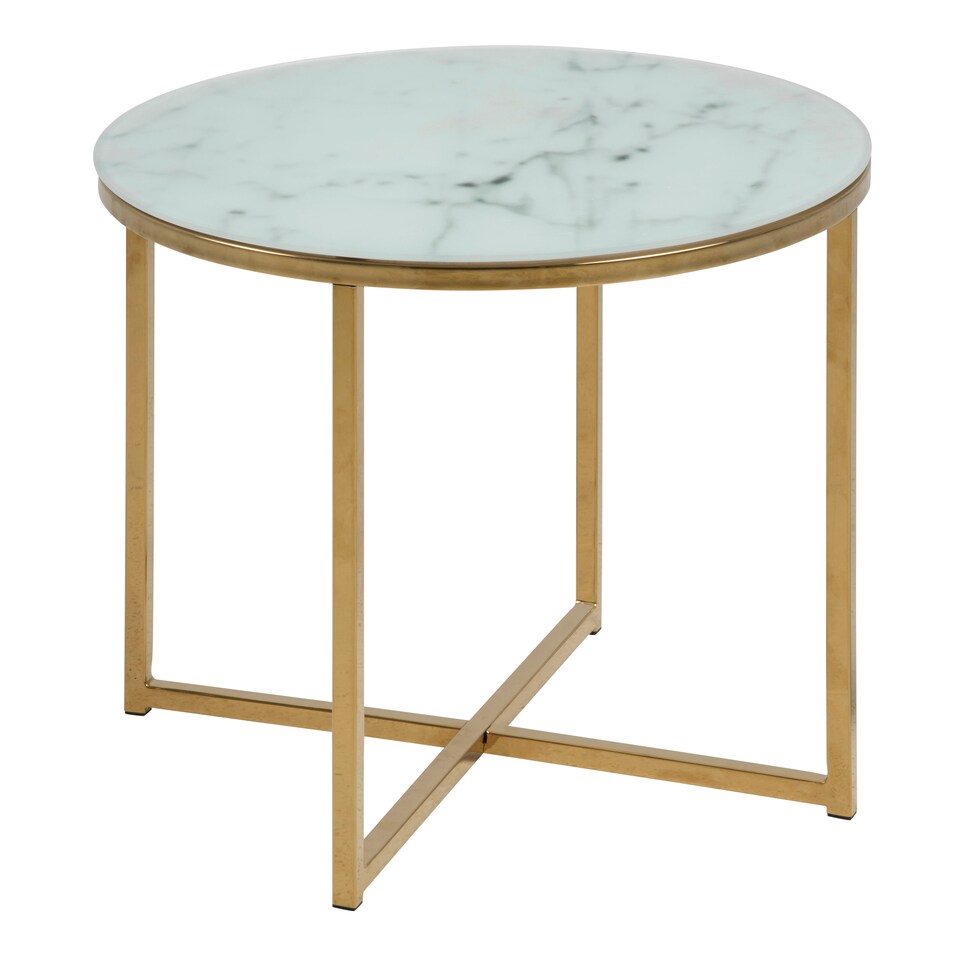 image 1 of Alisma Round Side Table with White Crystal Clear Marble Glass Top & Gold Legs