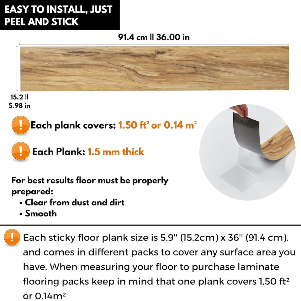 image 1 of NOVECRAFTO Self Adhesive Vinyl Floor Planks – 36x5.98 in (91.4x15.2cm) – Peel & Stick Flooring Tiles – Sandalwood Glow Wood Effect – Pack of Vinyl Tiles | Brown | 5 sqm