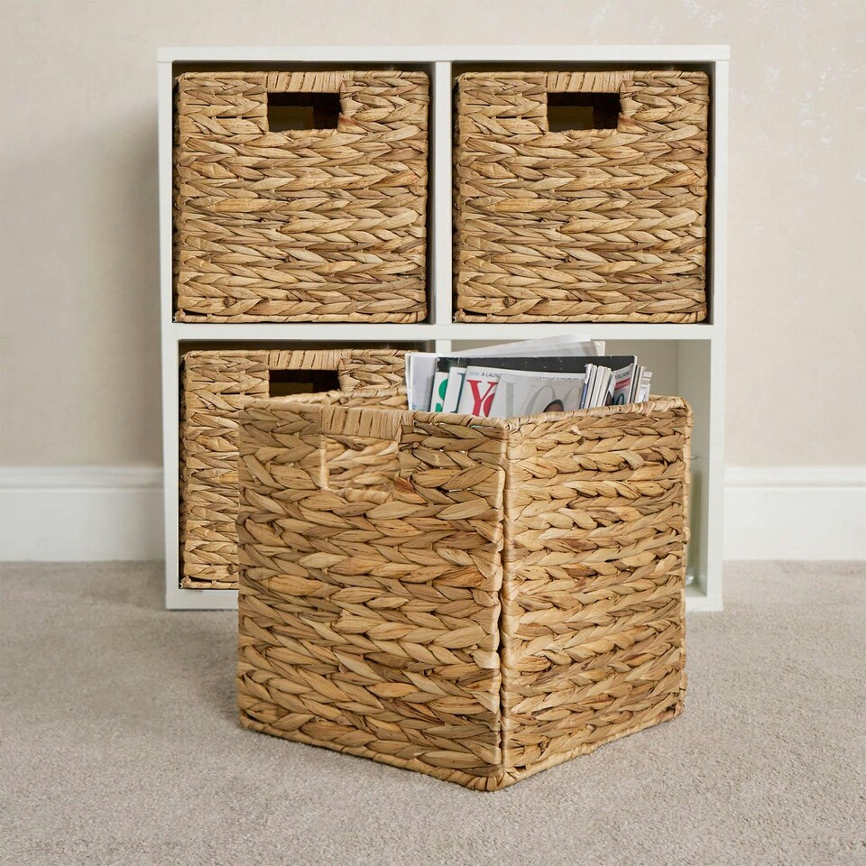 image 1 of OHS 4 x Foldable Paper Rope Woven Wicker Storage Organiser Box Cube, 27x27cm - Natural