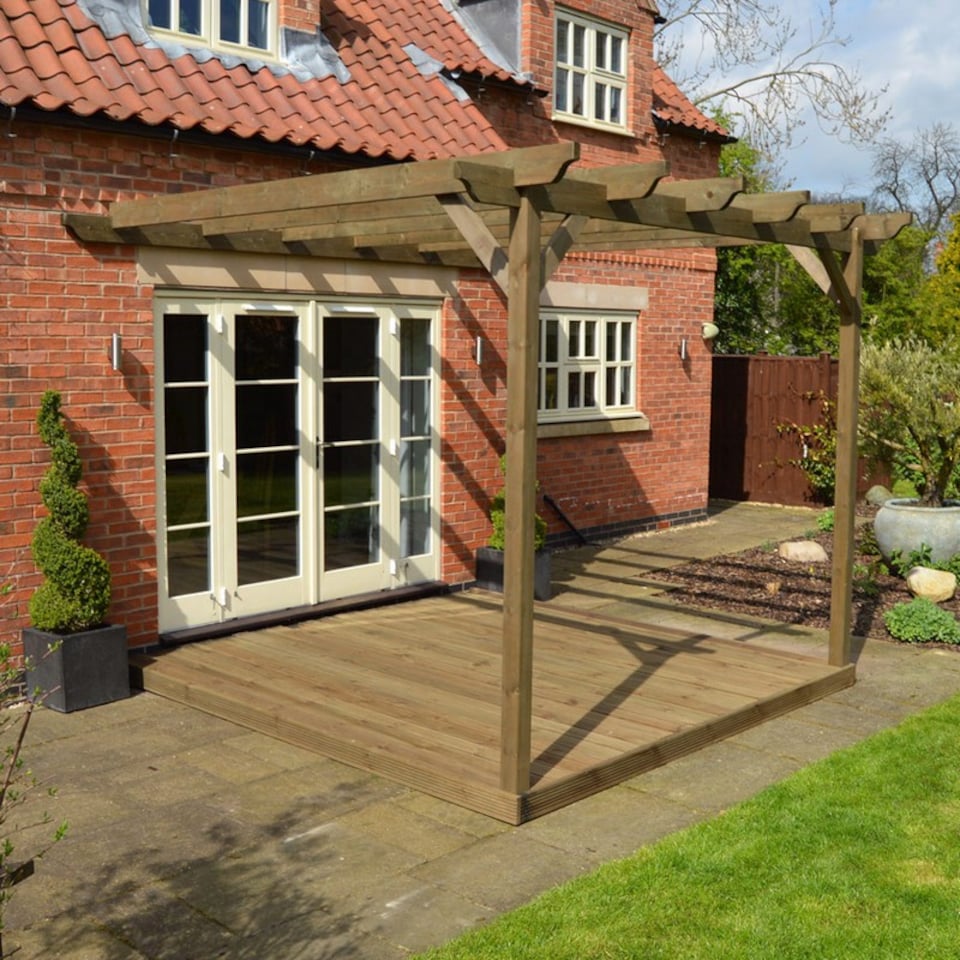 image 1 of Wall Mounted Garden Pergola and Decking Kit - Wood - L480 x W480 cm - Rustic Brown