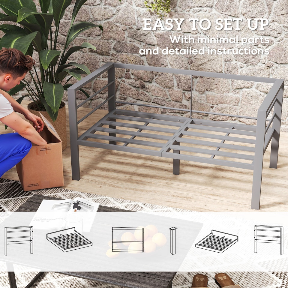 image 1 of Outsunny 2 Seater Garden Sofa, All-Weather Garden Loveseat with Removable Cushions, Metal Frame Outdoor Furniture for Balcony, Charcoal Grey | Grey | Charcoal grey | One Size