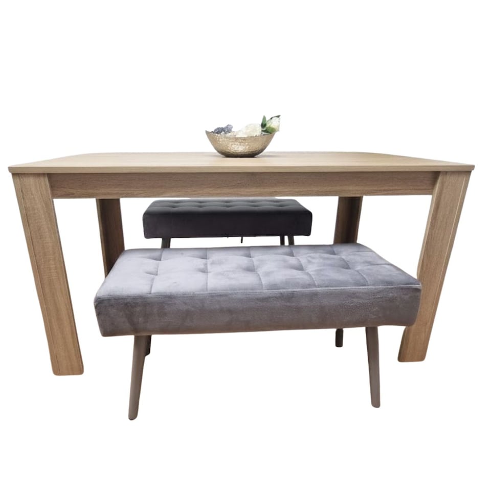 image 1 of Oak Effect Dining Table with 2 Grey Velvet Benches  Dining Set