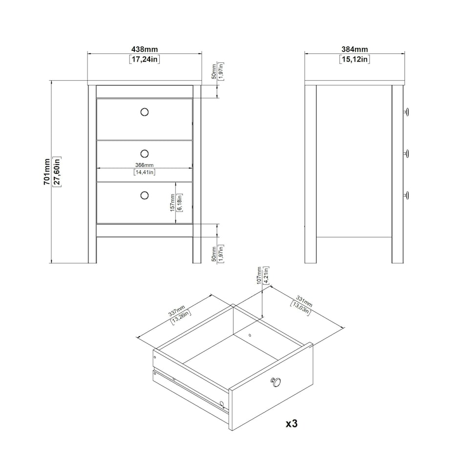 image 1 of Barcelona Bedside Table 3 Drawers in White