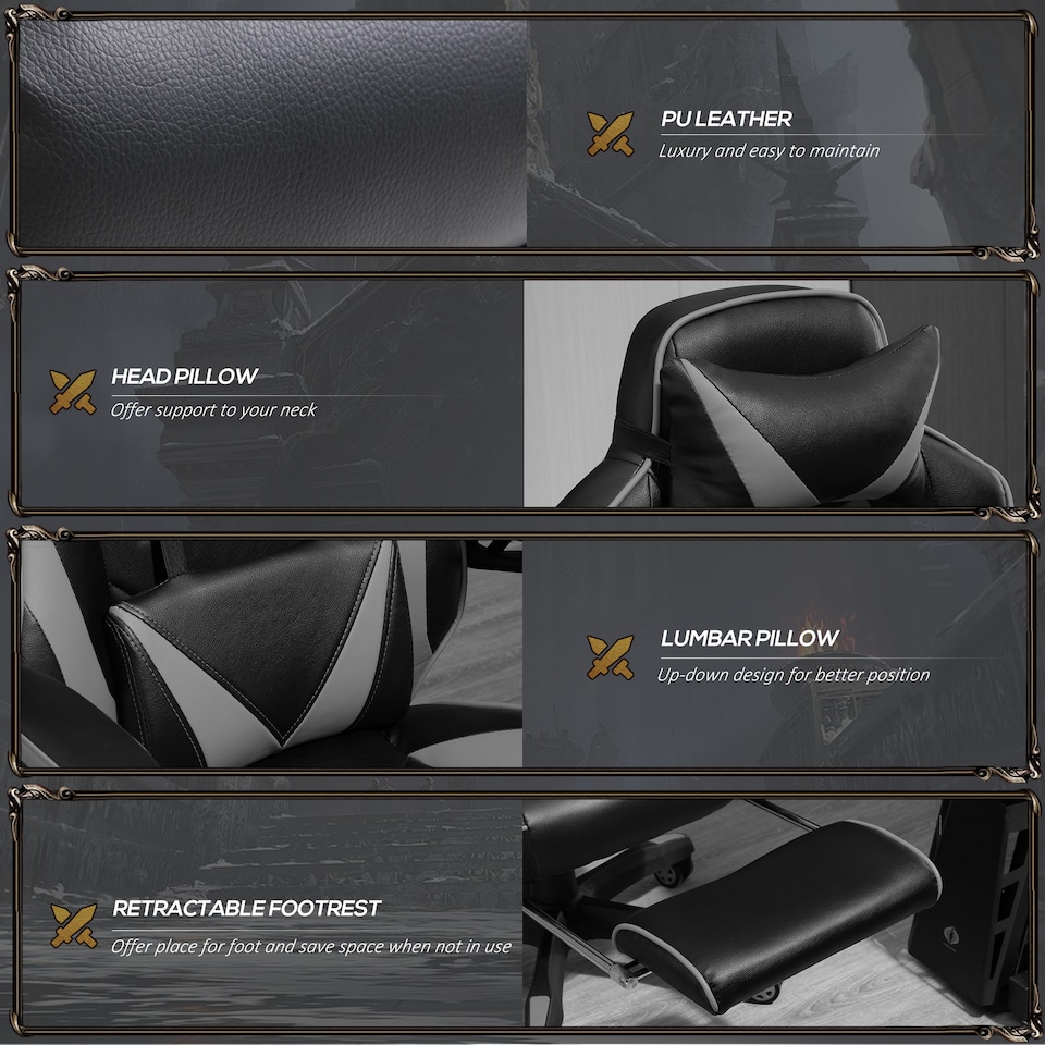 image 1 of Vinsetto Computer Gaming Chair, Racing Desk Chair with Lumbar Support and Footrest, PU Leather Gamer Chair with Headrest and Swivel Wheels for Home, Grey