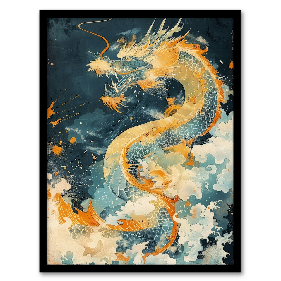 image 1 of Japanese Orange Water Living Room Dragon Black Framed Wall Art Print A4