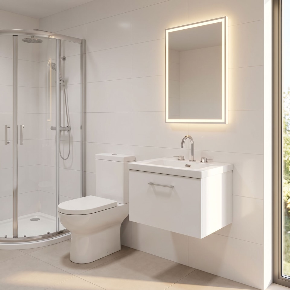 image 1 of Balterley Pershall Contemporary Wall Hung 1 Drawer Vanity Unit with 3 Tap Hole Fireclay Basin, 600mm, Matt White