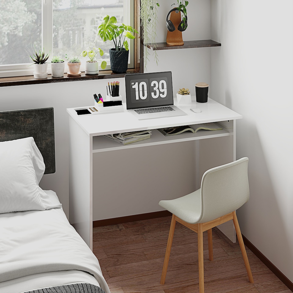 image 1 of HOMCOM Modern Computer Desk, Home Office Table, Small Writing Desk with Storage Shelf, 90 x 50cm, High Gloss White