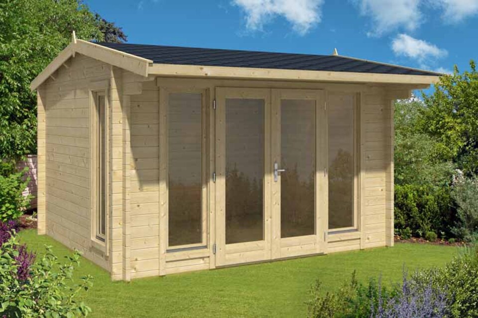 image 1 of Jubilee 44-Log Cabin, Wooden Garden Room, Timber Summerhouse, Home Office - L370 x W412.5 x H245.1 cm | Brown