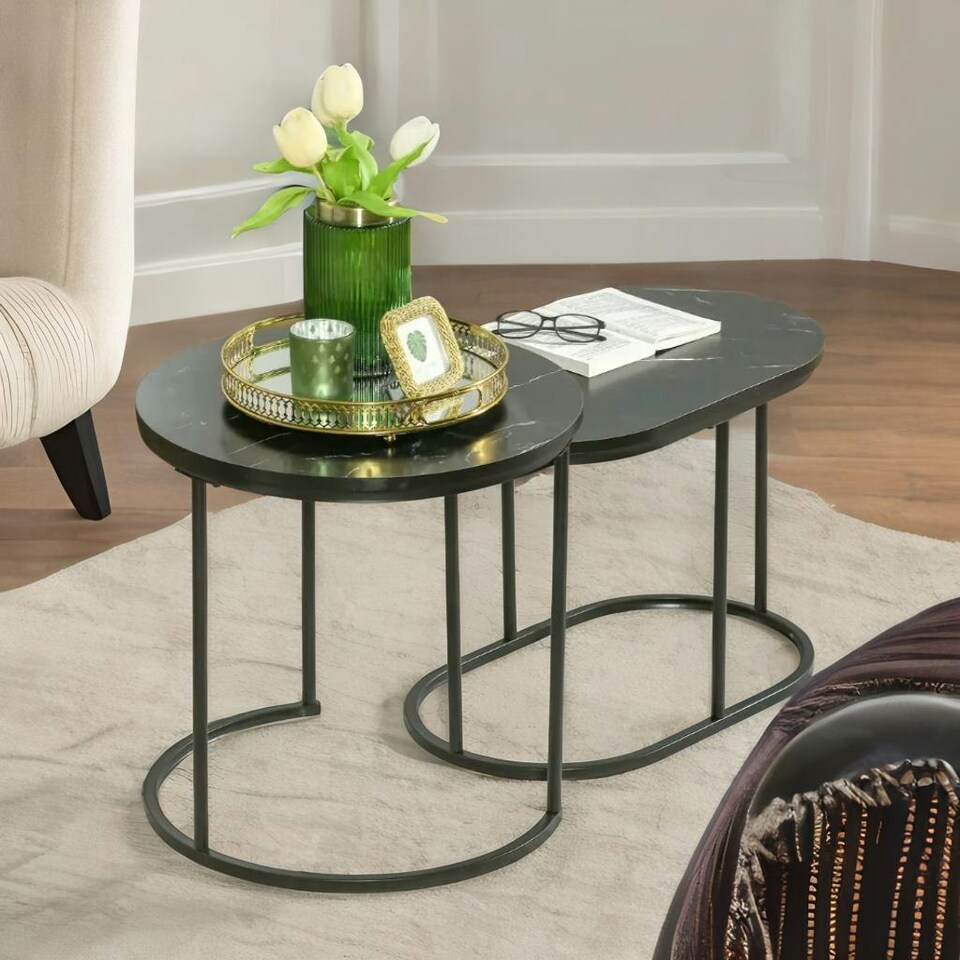 image 1 of 2PC Nesting Tables With Faux Marble Tabletop Black Black