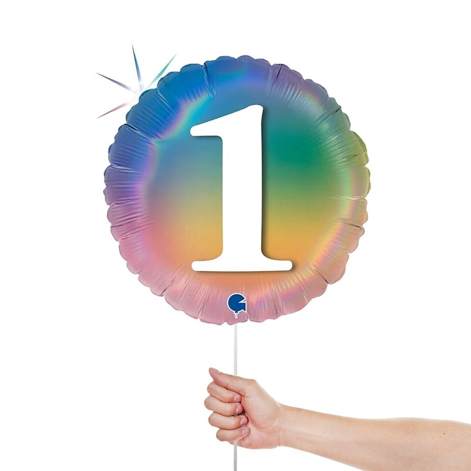 image 1 of Age 1 Colourful Rainbow Holographic Round Foil Helium Balloon 46cm / 18 in