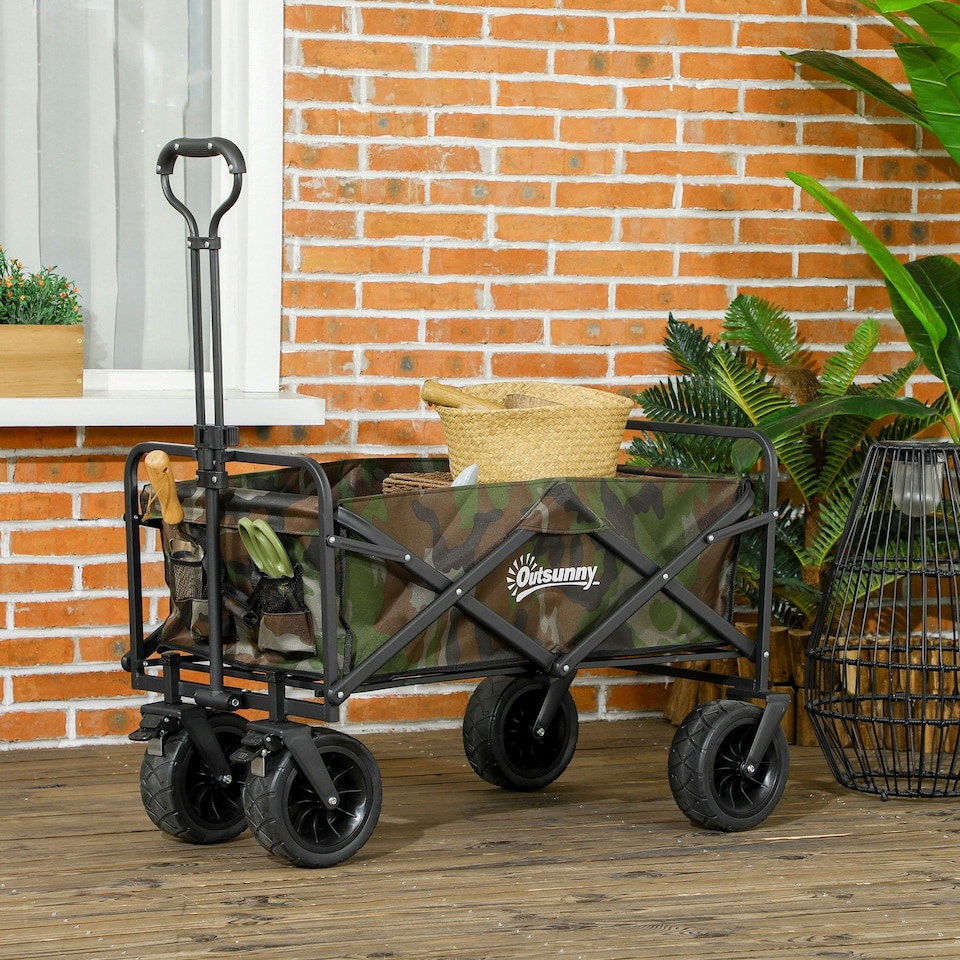 image 1 of Outsunny Foldable Garden Cart, Outdoor Utility Wagon with Carry Bag, Black